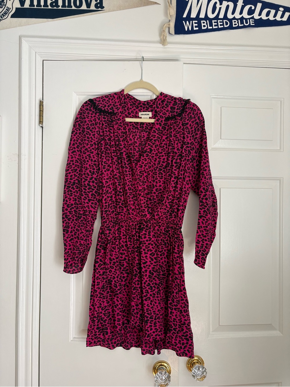 Womens Fuchsia Leopard Print Long-Sleeve Dress